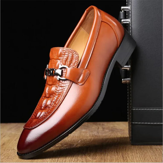 Men's Crocodile Texture Leather Loafers, Slip-On Dress Shoes for Casual Wear