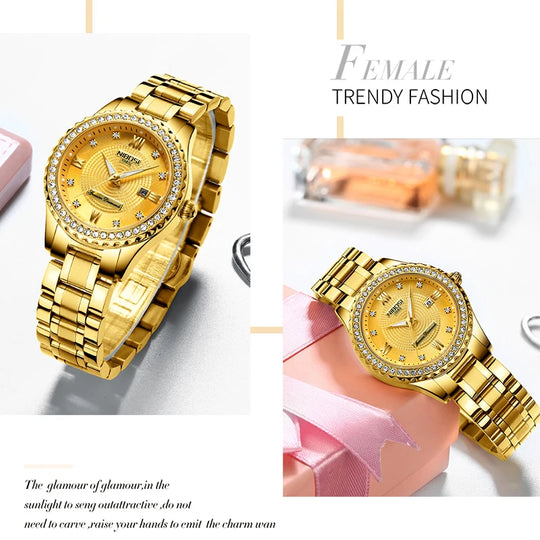 "NIBOSI Women's Watch - Top Brand Luxury, Gold, Stainless Steel Band, Classic Bracelet Style, Female Timepiece"