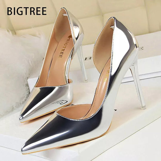 BIGTREE 2024 Silver and Black Sexy Woman Pumps Leather High Heels Women Stilettos