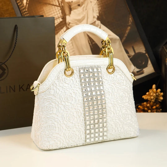 "Elegant Crocodile Pattern Leather Handbag with Lace Flowers and Rhinestones - Luxury Diamond-Encrusted Women's Shoulder Bag"