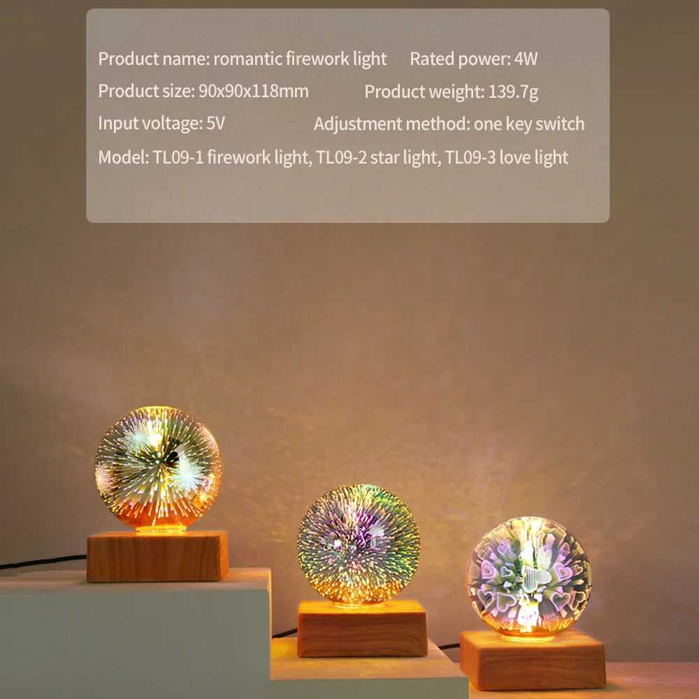 3D Firework LED Night Light, Colorful Glass Ball Table Lamp, Starry Sky Atmosphere Pendant for Home Decoration