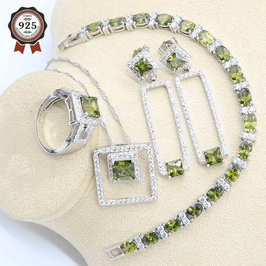 Olive Peridot Zircon Silver 925 Jewelry Set for Women Bracelet Long Earring Necklace Pendant Ring Birthday Gift