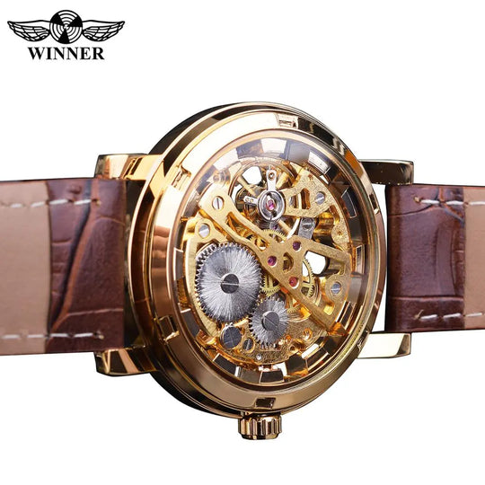 "Winner Men's Transparent Case Watch - Luxury Casual Design, Leather Strap, Top Brand Mechanical Skeleton Timepiece"