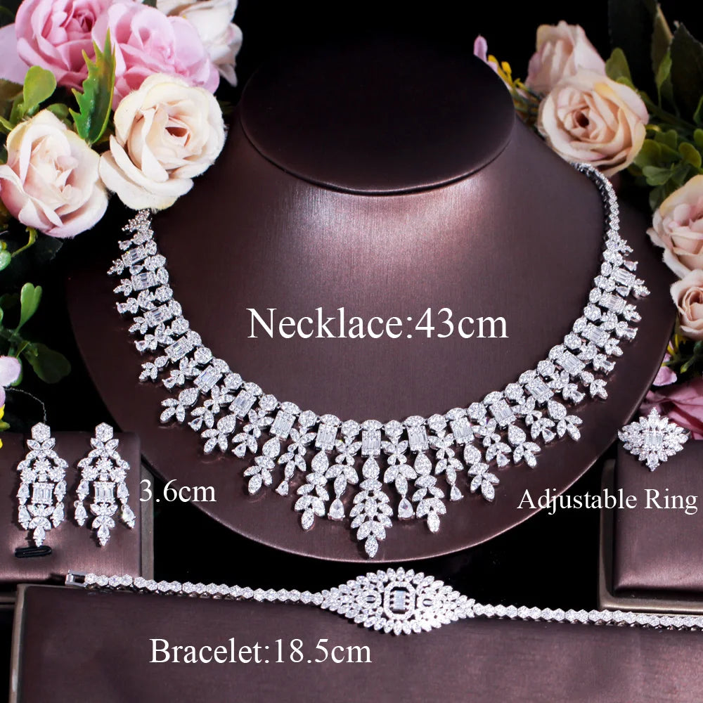 4 pcs Tassel Drop Cubic Zirconia Big Wedding Banquet Necklace Dubai White Gold Color Bridal Party Costume Jewelry Sets