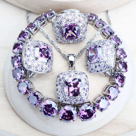 Purple Zirconia Women Bridal Jewelry Sets Silver 925 Fine Costume Jewelry Wedding Earrings Rings Bracelets Pendant Necklace