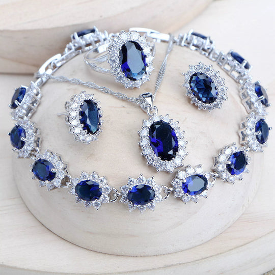 Silver Women Jewelry Sets, Blue Zirconia Costume Fine Jewelry, Wedding Necklace, Earrings, Rings Bracelets, Pendant Set