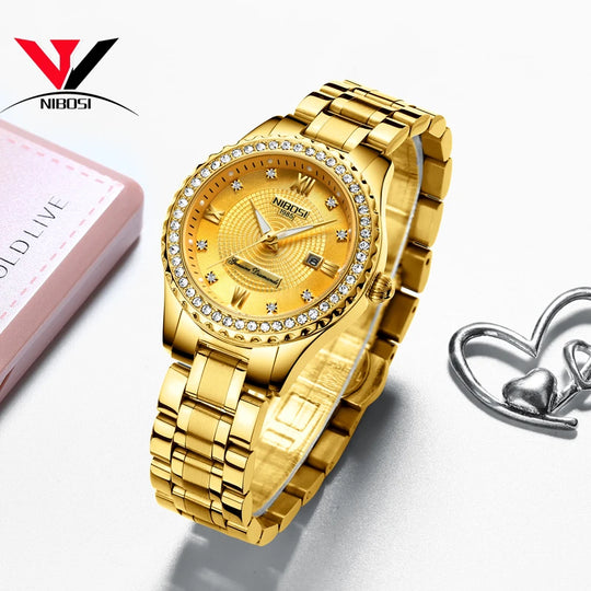 "NIBOSI Women's Watch - Top Brand Luxury, Gold, Stainless Steel Band, Classic Bracelet Style, Female Timepiece"