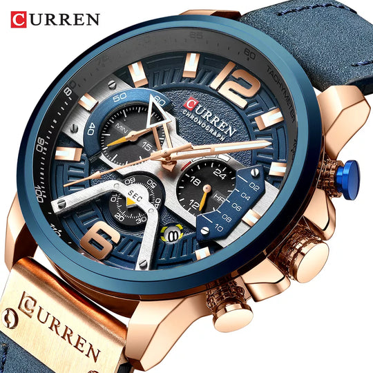 "CURREN Men's Casual Sport Watch - Luxury Military Style, Leather Wristband, Fashionable Chronograph Timepiece"