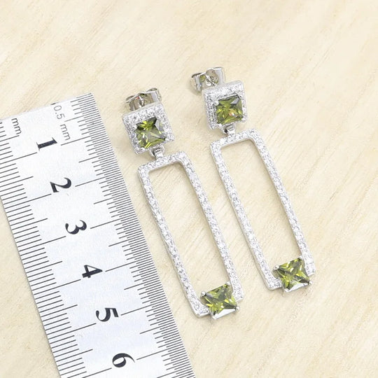 Olive Peridot Zircon Silver 925 Jewelry Set for Women Bracelet Long Earring Necklace Pendant Ring Birthday Gift