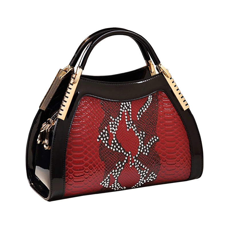 2024 Serpentine Cowhide Leather Handbag: Crystal Diamond-Embellished Tote for Women