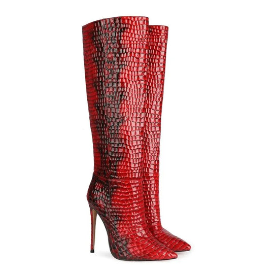 European and American Snake Skin pointed-toe stiletto boots leather long-tube women's boots