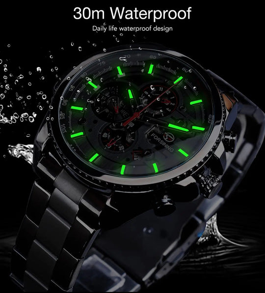 "Forsining Men's Stainless Steel Mechanical Watch - Three Dial Calendar, Automatic, Top Brand Luxury, Military Sport Style"