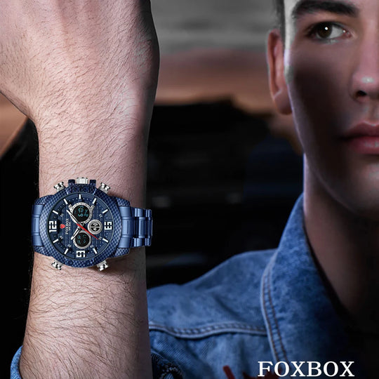 "LIGE Foxbox Men's Sports Watch - Top Luxury Brand, Carbon Fiber Case, Quartz Wristwatch, Military Waterproof, Digital Display"