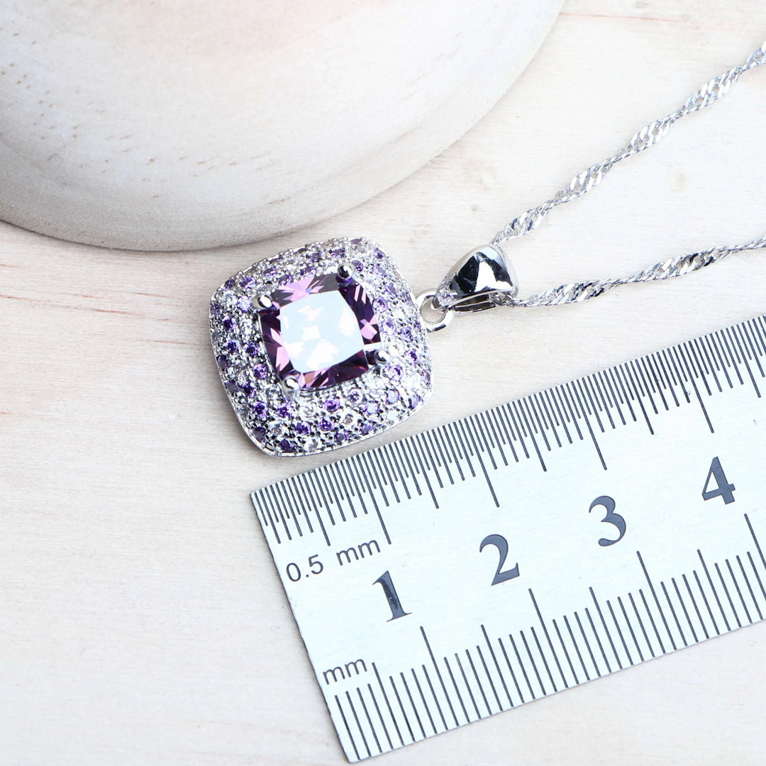 Purple Zirconia Women Bridal Jewelry Sets Silver 925 Fine Costume Jewelry Wedding Earrings Rings Bracelets Pendant Necklace