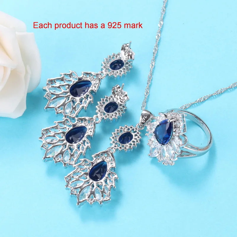 Luxury Big Jewelry Sets 925 Sterling Silver Women  Costume Blue Cubic Zircon Long Earrings And Necklace Bracelet Ring Set