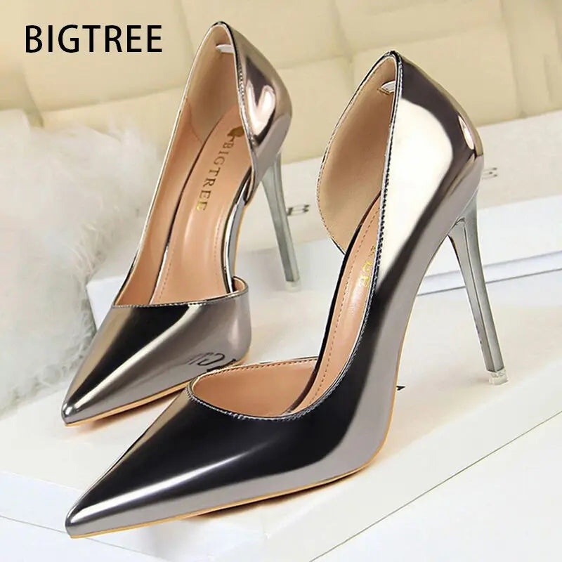 BIGTREE 2024 Silver and Black Sexy Woman Pumps Leather High Heels Women Stilettos