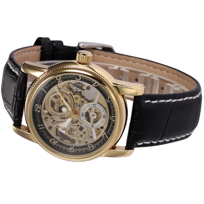 "MG. ORKINA Luxury Men's Watch - Retro Black and Golden Skeleton Dial, Leather Belt, Mechanical Automatic Movement"