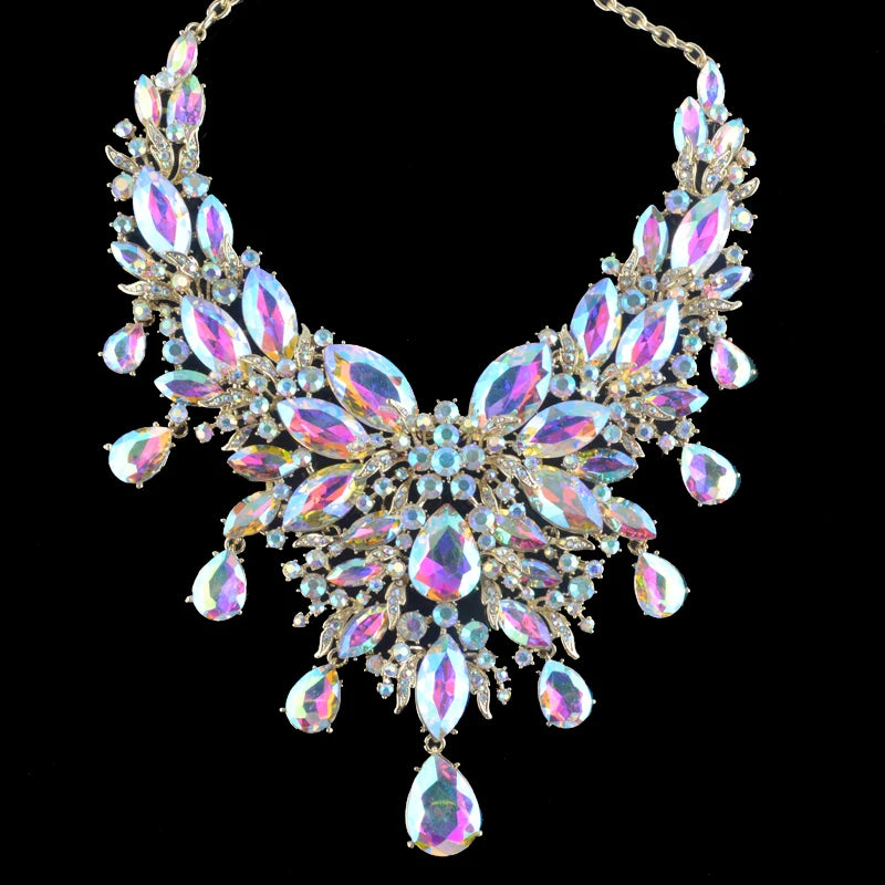 9 Color Women Rhinestone Pageant Jewelry Sets Pecock Style Fashion Dress Necklace Earrings