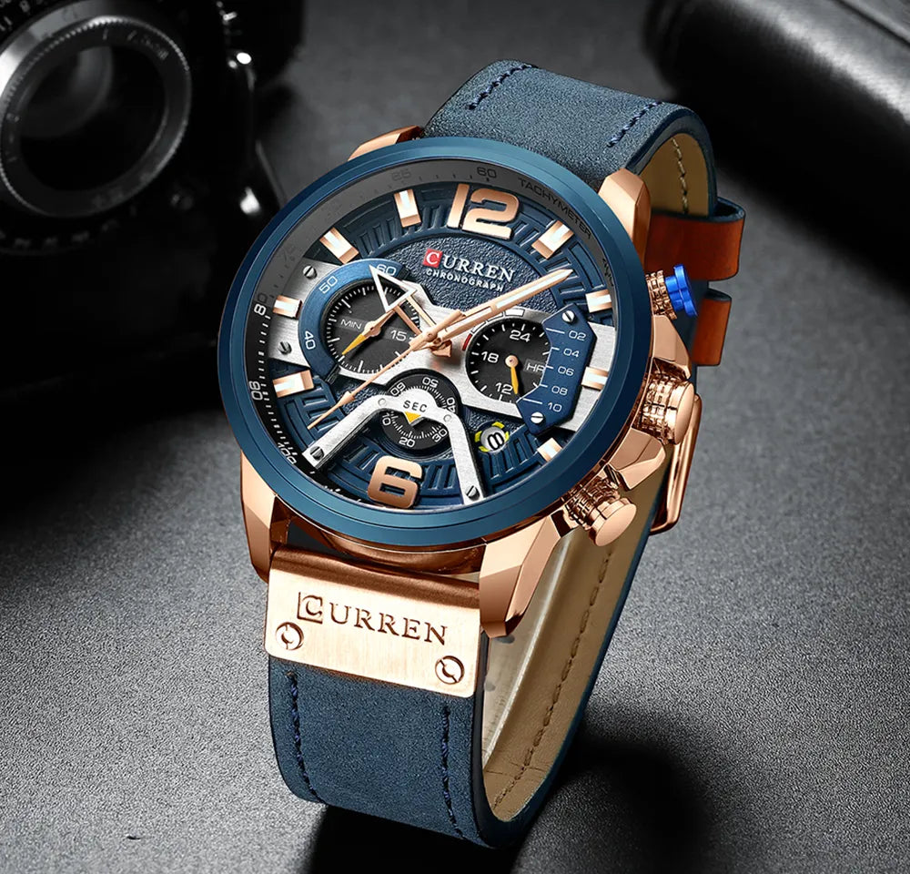 "CURREN Luxury Men's Watch - Fashionable Blue Leather, Chronograph Sport Design, Waterproof with Date Display"