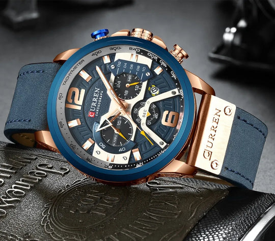 "CURREN Luxury Men's Watch - Fashionable Blue Leather, Chronograph Sport Design, Waterproof with Date Display"