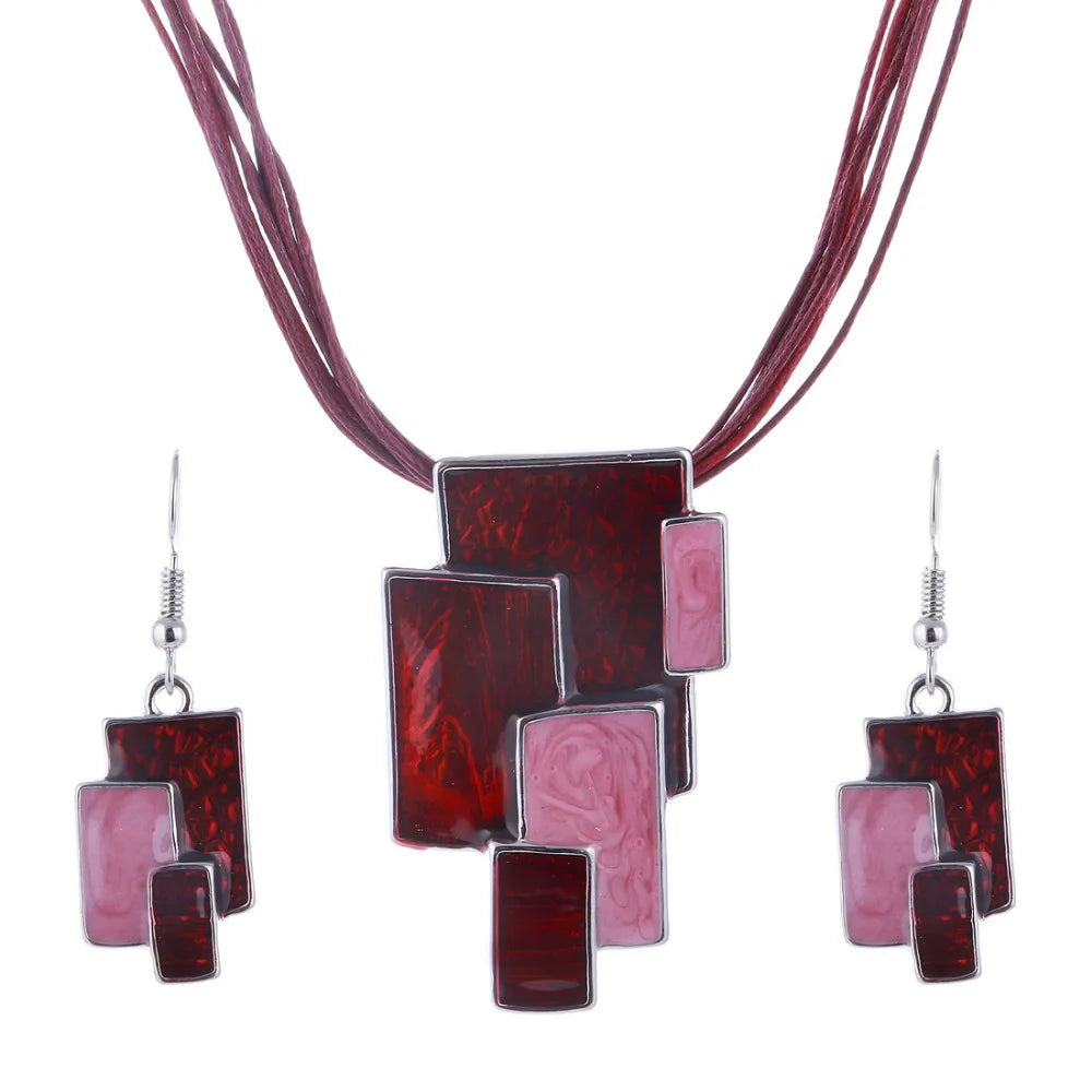 Bohemian Enamel Jewelry Sets For Women Silver Plated Geometric Big Gem Pendant Necklace And Earrings Set