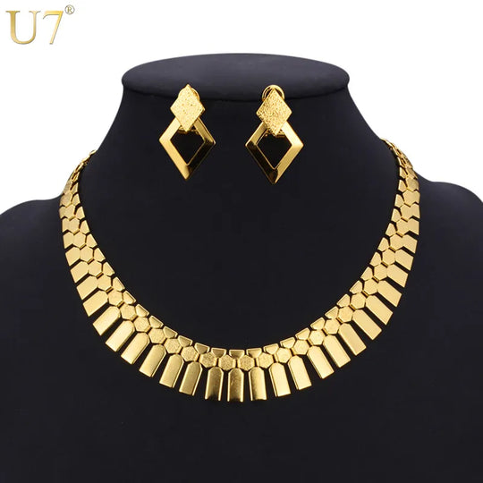 Gold Color Earring Necklace 2pcs/set Women Geometry Charms Luxury Fashion,  Costume Jewelry