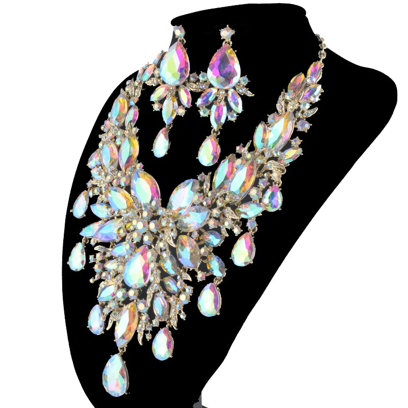 9 Color Women Rhinestone Pageant Jewelry Sets Pecock Style Fashion Dress Necklace Earrings