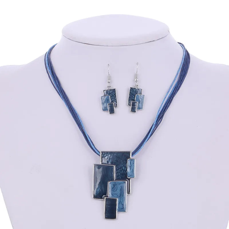 Bohemian Enamel Jewelry Sets For Women Silver Plated Geometric Big Gem Pendant Necklace And Earrings Set