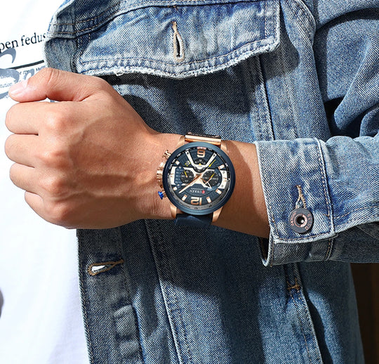 "CURREN Luxury Men's Watch - Fashionable Blue Leather, Chronograph Sport Design, Waterproof with Date Display"