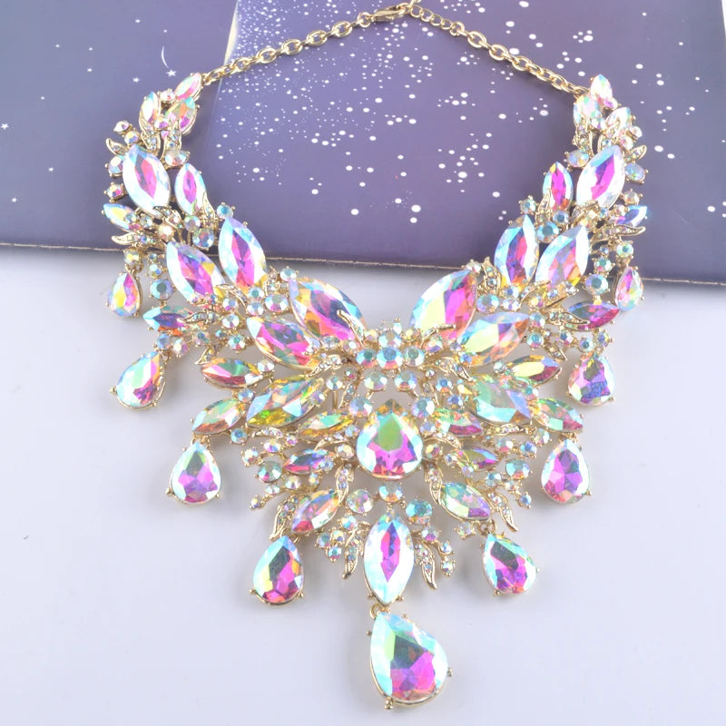 9 Color Women Rhinestone Pageant Jewelry Sets Pecock Style Fashion Dress Necklace Earrings