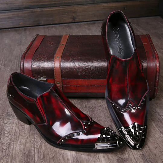 Men's Italian Leather Red Wine Color Oxfords Pointed Toe Burgundy Dress Loafers With Decorative Rivets