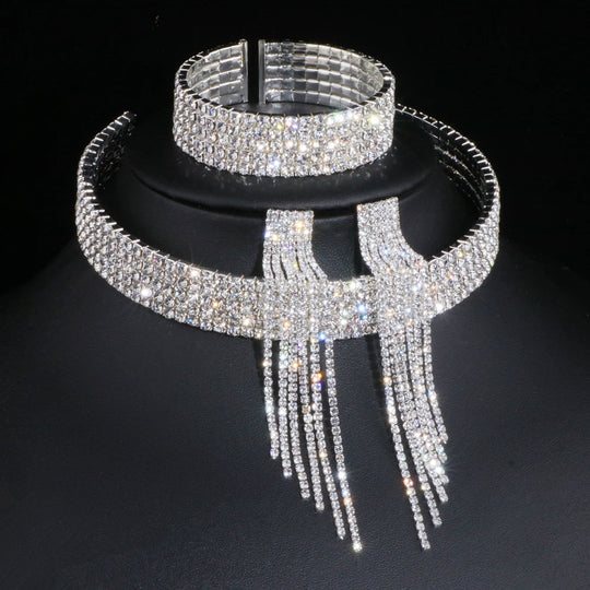 2024 Classic Elegant Tassel Crystal Bridal Jewelry Sets African Rhinestone Wedding Necklace Earrings Bracelet Sets