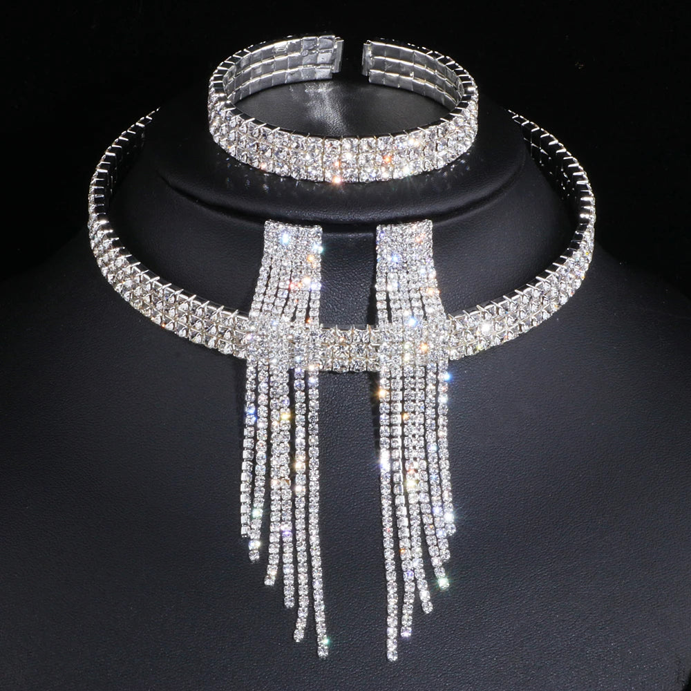 2024 Classic Elegant Tassel Crystal Bridal Jewelry Sets African Rhinestone Wedding Necklace Earrings Bracelet Sets