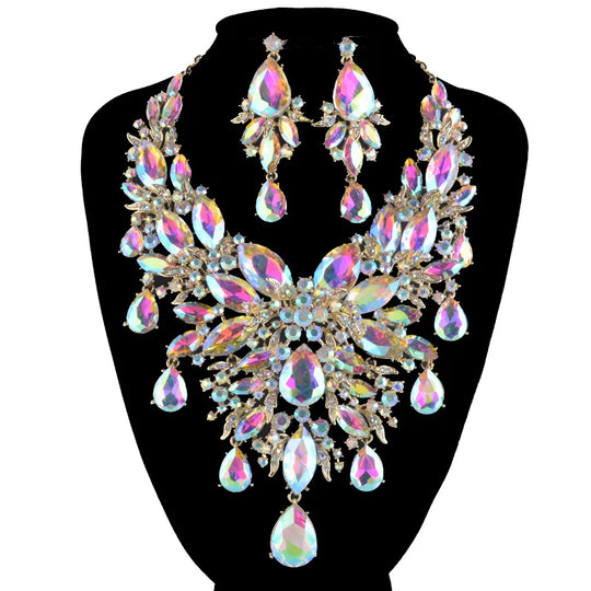 9 Color Women Rhinestone Pageant Jewelry Sets Pecock Style Fashion Dress Necklace Earrings