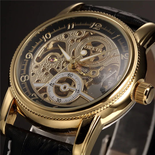 "MG. ORKINA Luxury Men's Watch - Retro Black and Golden Skeleton Dial, Leather Belt, Mechanical Automatic Movement"