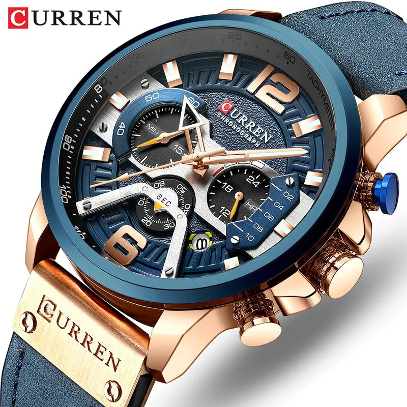 "CURREN Luxury Men's Watch - Fashionable Blue Leather, Chronograph Sport Design, Waterproof with Date Display"