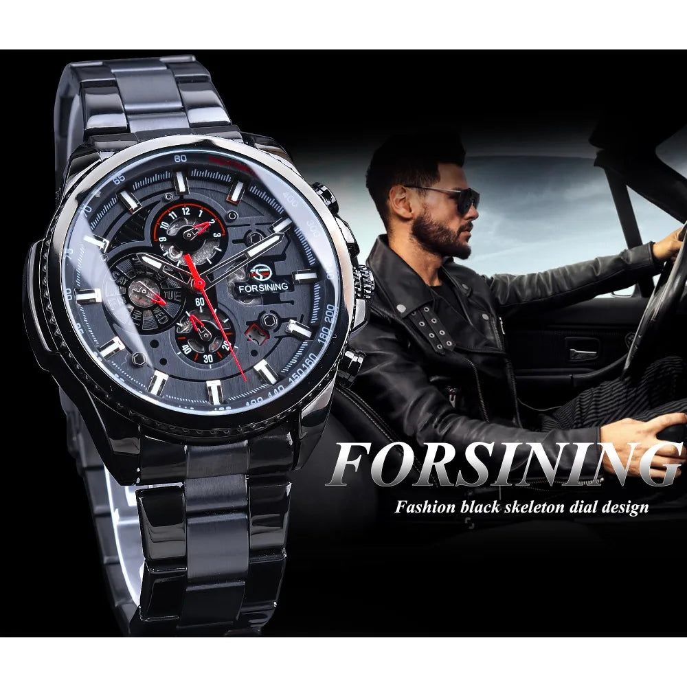 "Forsining Men's Stainless Steel Mechanical Watch - Three Dial Calendar, Automatic, Top Brand Luxury, Military Sport Style"