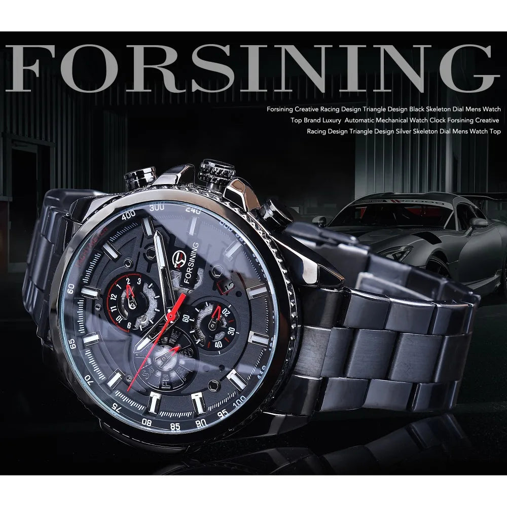 "Forsining Men's Stainless Steel Mechanical Watch - Three Dial Calendar, Automatic, Top Brand Luxury, Military Sport Style"