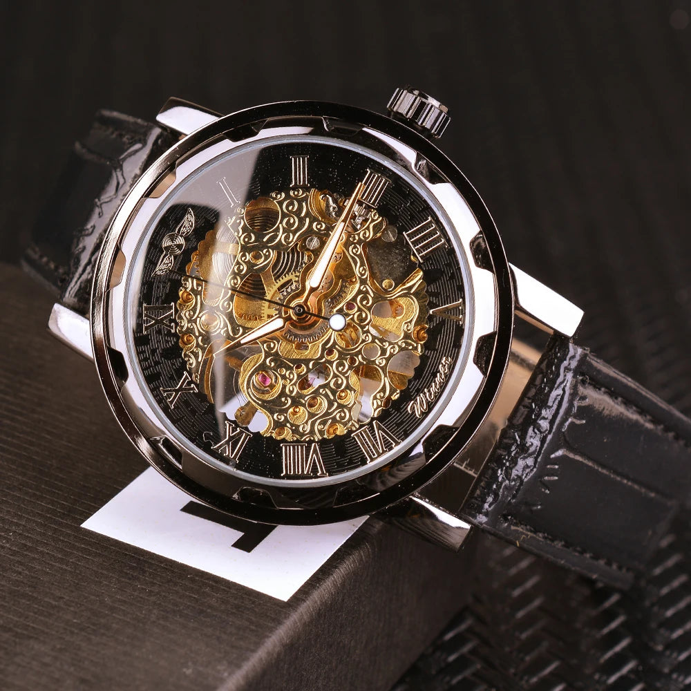 "Winner Fashion Men's Mechanical Watch - Skeleton Design, Top Brand Luxury, Leather Wristwatch"