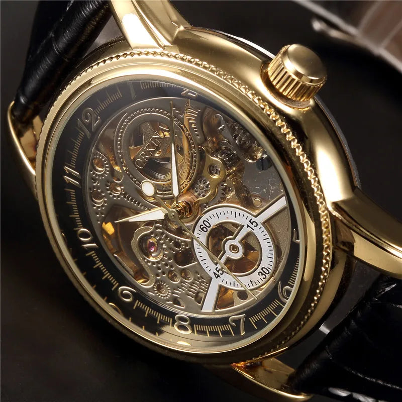 "MG. ORKINA Luxury Men's Watch - Retro Black and Golden Skeleton Dial, Leather Belt, Mechanical Automatic Movement"