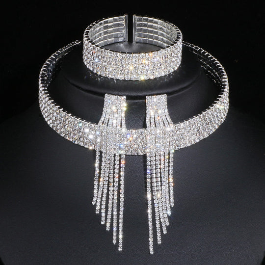 2024 Classic Elegant Tassel Crystal Bridal Jewelry Sets African Rhinestone Wedding Necklace Earrings Bracelet Sets