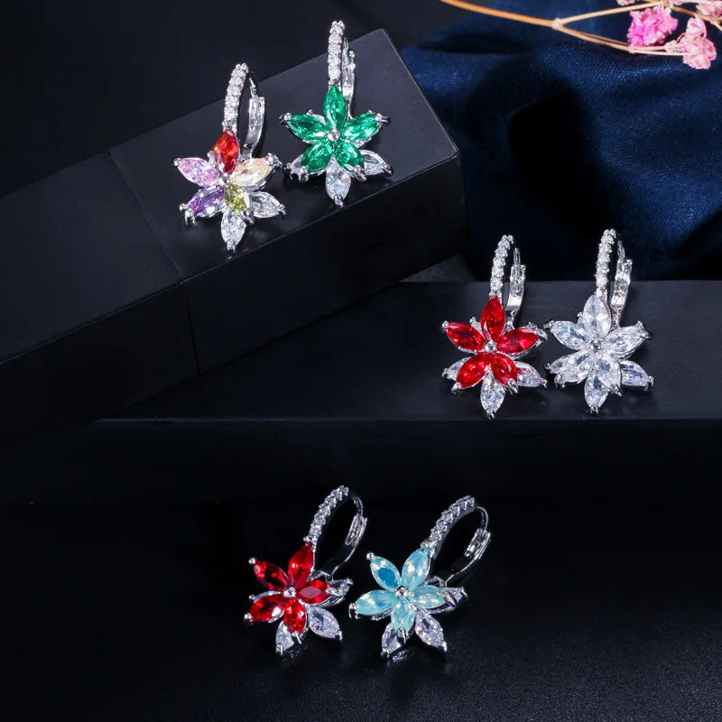 Easy Wear Lovely Geometric Flower Multicolor Cubic Zirconia Stud Earrings for Women Party Fashion Jewelry