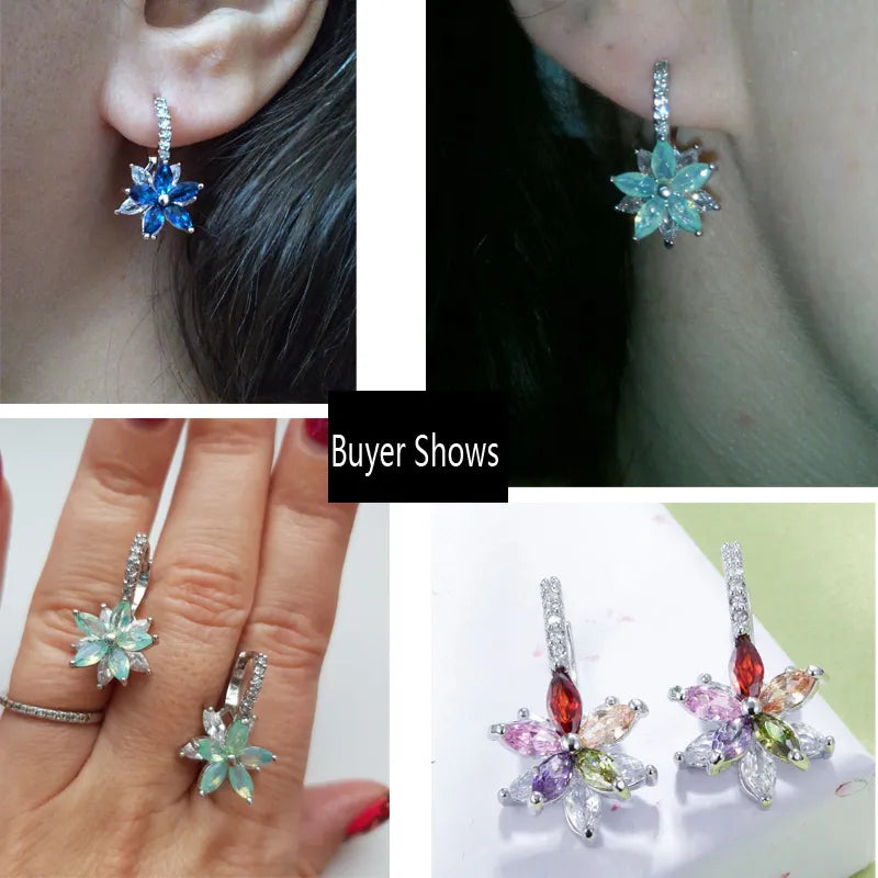 Easy Wear Lovely Geometric Flower Multicolor Cubic Zirconia Stud Earrings for Women Party Fashion Jewelry