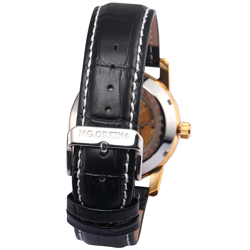 "MG. ORKINA Luxury Men's Watch - Retro Black and Golden Skeleton Dial, Leather Belt, Mechanical Automatic Movement"