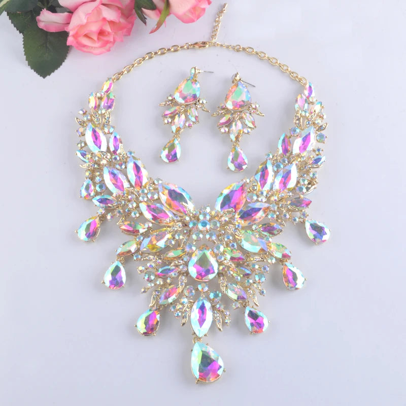 9 Color Women Rhinestone Pageant Jewelry Sets Pecock Style Fashion Dress Necklace Earrings