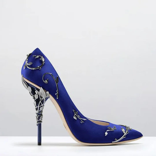 Luxury Women Pumps Pointed Toe Flower Heel Women Elegant Silk Brand Design High Heels Ladies Pumps