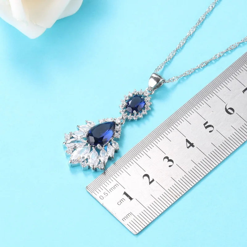 Luxury Big Jewelry Sets 925 Sterling Silver Women  Costume Blue Cubic Zircon Long Earrings And Necklace Bracelet Ring Set