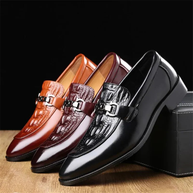 Men's Crocodile Texture Leather Loafers, Slip-On Dress Shoes for Casual Wear