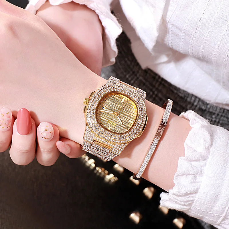 "2024 New Luxury Gold Stainless Steel Watches for Men and Women - Diamond-Embellished, Simple Design, with Calendar, Fashionable"