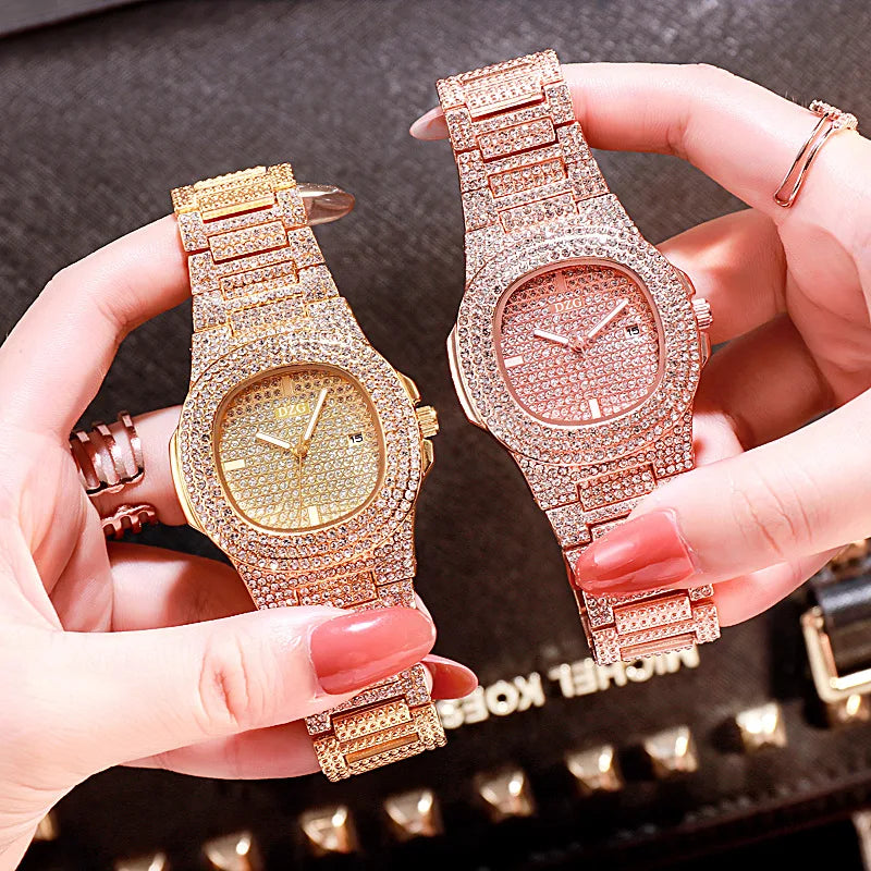 "2024 New Luxury Gold Stainless Steel Watches for Men and Women - Diamond-Embellished, Simple Design, with Calendar, Fashionable"